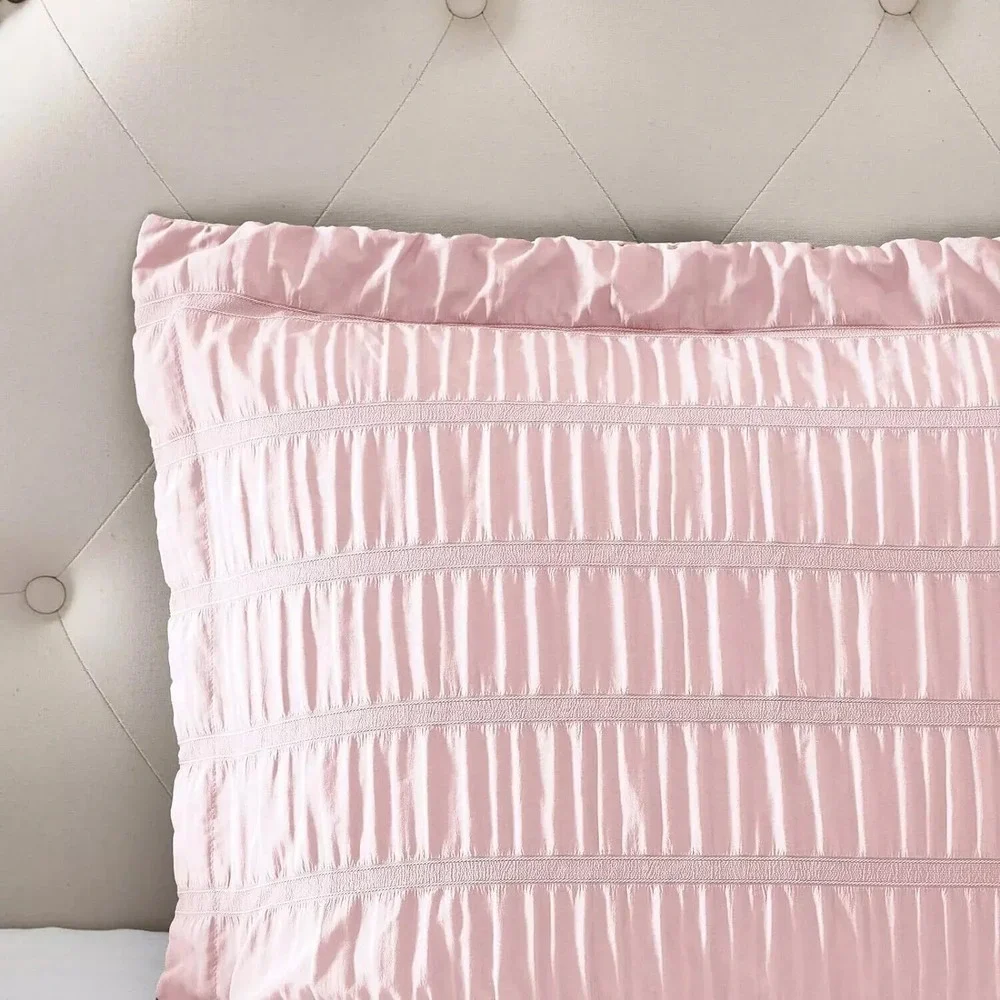 Pink Seersucker Comforter Set King Size (104X90 In), 3 Pieces Crinkle